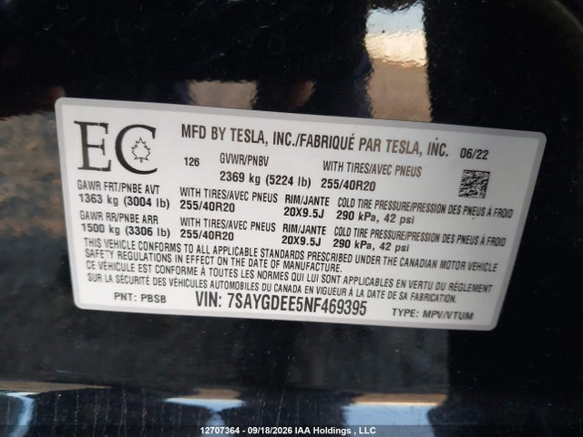 2022 Tesla Model Y Long Range მანქანა იყიდება აუქციონზე, vin: 7SAYGDEE5NF469395, აუქციონის ნომერი: 12707364