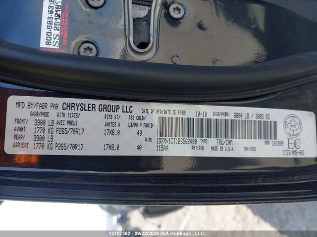 12707382 :رقم المزاد ، 1D7RV1CT1BS562409 vin ، 2011 Dodge Ram 1500 مزاد بيع