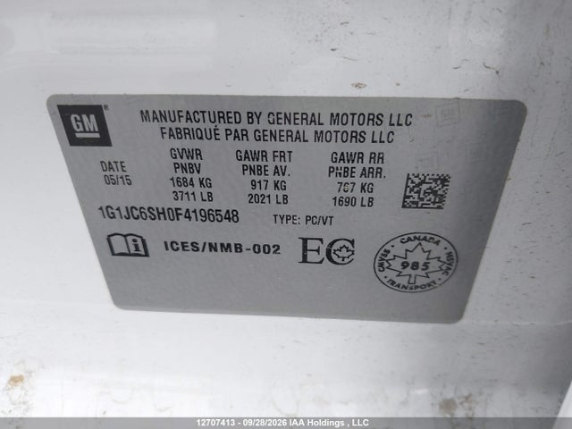 2015 Chevrolet Sonic მანქანა იყიდება აუქციონზე, vin: 1G1JC6SH0F4196548, აუქციონის ნომერი: 12707413