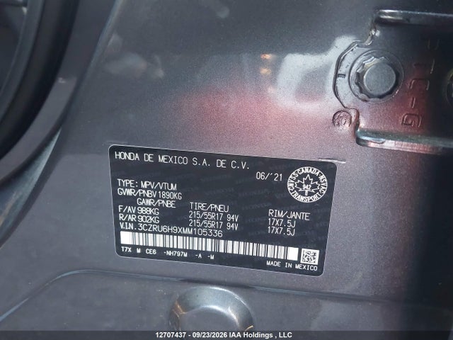 2021 Honda Hr-v Touring მანქანა იყიდება აუქციონზე, vin: 3CZRU6H9XMM105336, აუქციონის ნომერი: 12707437