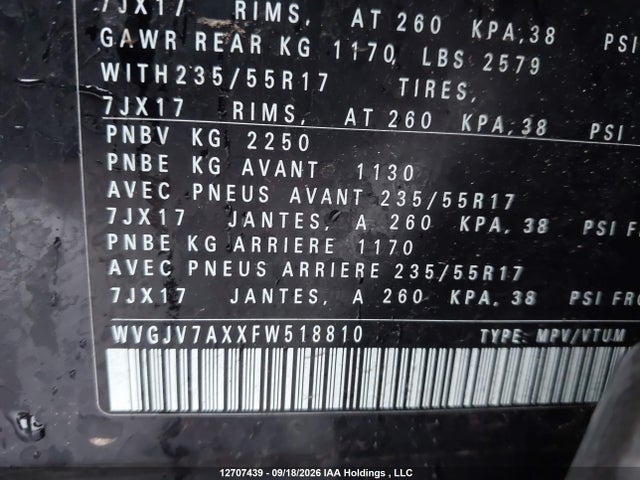 Aukcja sprzedaży 2015 Volkswagen Tiguan S/se/sel/r-line, vin: WVGJV7AXXFW518810, numer aukcji: 12707439