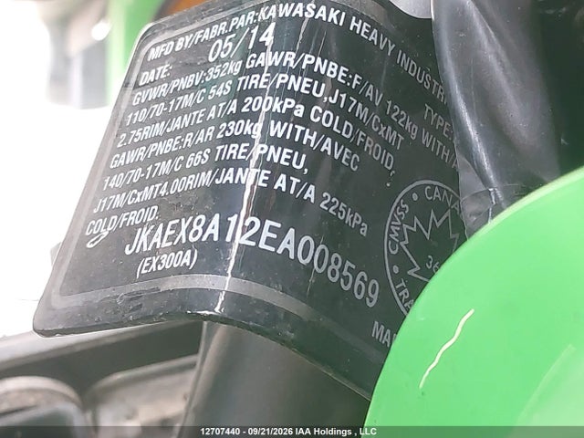 Продаж на аукціоні авто 2014 Kawasaki Ex300 A, vin: JKAEX8A12EA008569, номер лоту: 12707440