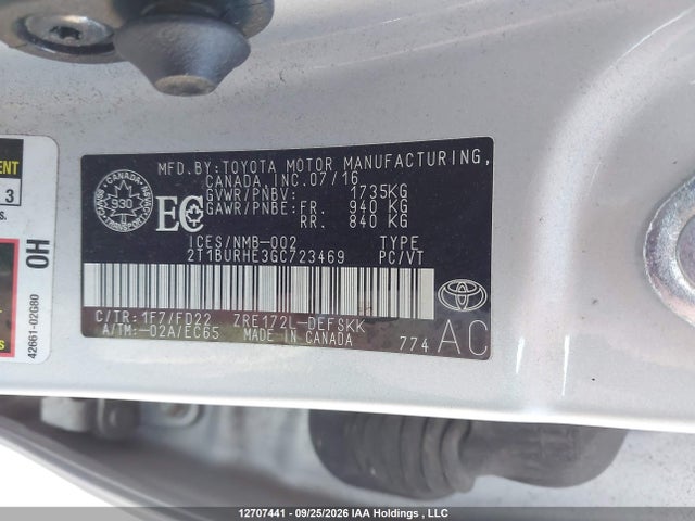Продаж на аукціоні авто 2016 Toyota Corolla L/le/le Pls/prm/s/s Pls, vin: 2T1BURHE3GC723469, номер лоту: 12707441
