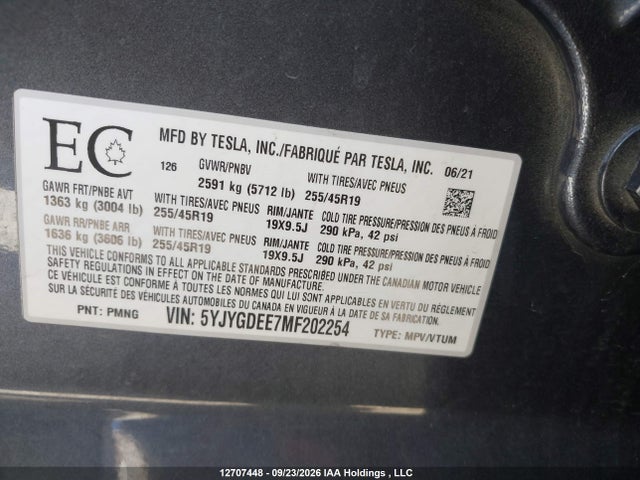 Продажа на аукционе авто 2021 Tesla Model Y Long Range, vin: 5YJYGDEE7MF202254, номер лота: 12707448