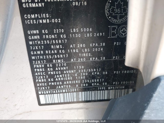 Продаж на аукціоні авто 2017 Volkswagen Tiguan Wolfsburg Edition, vin: WVGNV7AX6HW513091, номер лоту: 12707478