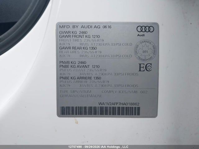 Продажа на аукционе авто 2017 Audi Q5, vin: WA1V2AFP7HA018862, номер лота: 12707498