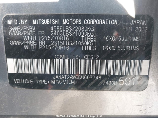 Aukcja sprzedaży 2013 Mitsubishi Outlander Es, vin: JA4AT2AW6DU607748, numer aukcji: 12707500