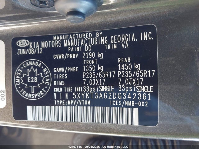 12707516 :رقم المزاد ، 5XYKT3A62DG342361 vin ، 2013 Kia Sorento Lx مزاد بيع