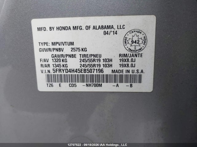 Auction sale of the 2014 Acura Mdx Navigation Package, vin: 5FRYD4H45EB507196, lot number: 12707522