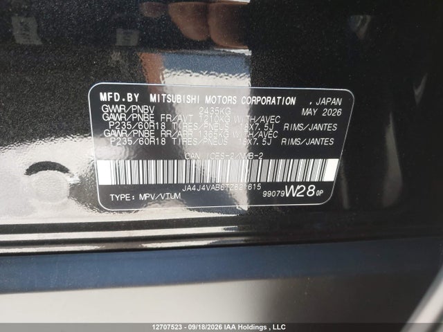12707523 :رقم المزاد ، JA4J4VAB6TZ621615 vin ، 2026 Mitsubishi Outlander Le S-awc/se S-awc/sel S-awc مزاد بيع