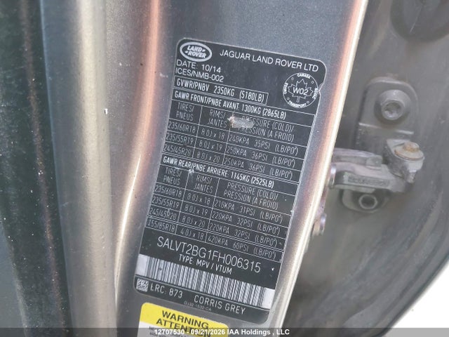 2015 Land Rover Range Rover Evoque Dynamic მანქანა იყიდება აუქციონზე, vin: SALVT2BG1FH006315, აუქციონის ნომერი: 12707530