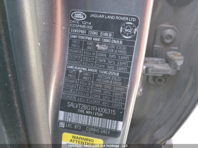 2015 Land Rover Range Rover Evoque Dynamic მანქანა იყიდება აუქციონზე, vin: SALVT2BG1FH006315, აუქციონის ნომერი: 12707530