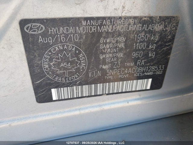 2011 Hyundai Sonata მანქანა იყიდება აუქციონზე, vin: 5NPEC4AC0BH128533, აუქციონის ნომერი: 12707537