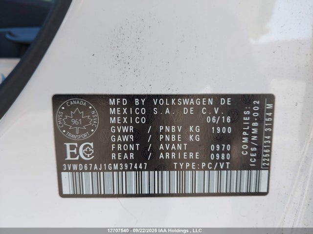 Aukcja sprzedaży 2016 Volkswagen Jetta, vin: 3VWD67AJ1GM397447, numer aukcji: 12707540