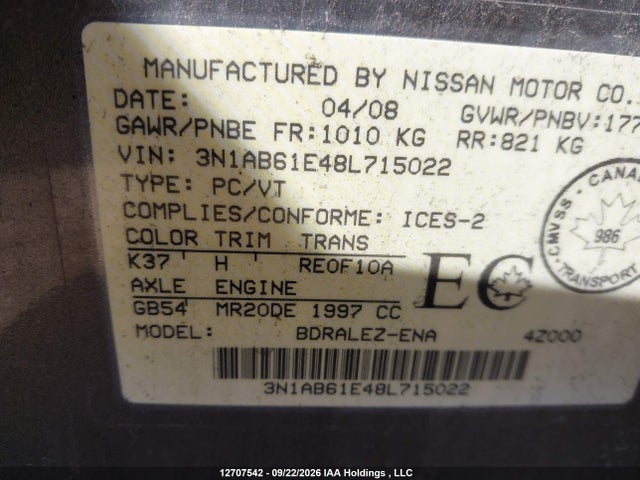 12707542 :رقم المزاد ، 3N1AB61E48L715022 vin ، 2008 Nissan Sentra 2.0s مزاد بيع
