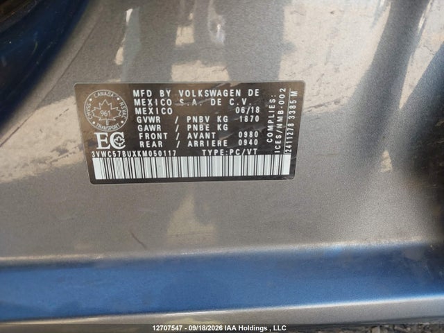 12707547 :رقم المزاد ، 3VWC57BUXKM050117 vin ، 2019 Volkswagen Jetta 1.4 Tsi Comfortline مزاد بيع