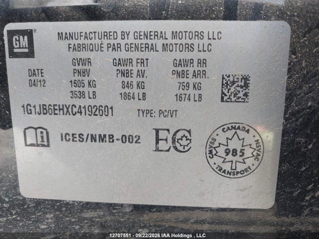 Aukcja sprzedaży 2012 Chevrolet Sonic Ls, vin: 1G1JB6EHXC4192601, numer aukcji: 12707551
