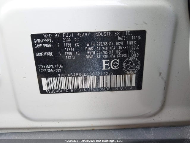 4S4BSCDC5G3242263 Subaru Outback 2.5i Touring Package