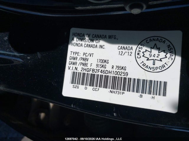 2013 Honda Civic Lx მანქანა იყიდება აუქციონზე, vin: 2HGFB2F46DH100259, აუქციონის ნომერი: 12697042