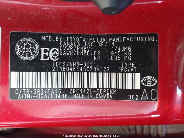 Продажа на аукционе авто 2011 Toyota Corolla Ce, vin: 2T1BU4EE4BC704123, номер лота: 12698002