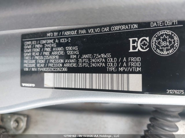 Aukcja sprzedaży 2012 Volvo Xc60 T6 R-design/t6 R-design Platinum/t6 R-design Premier Plus, vin: YV4902DZXC2262366, numer aukcji: 12700162