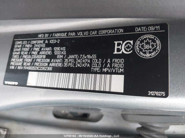 Aukcja sprzedaży 2012 Volvo Xc60 T6 R-design/t6 R-design Platinum/t6 R-design Premier Plus, vin: YV4902DZXC2262366, numer aukcji: 12700162