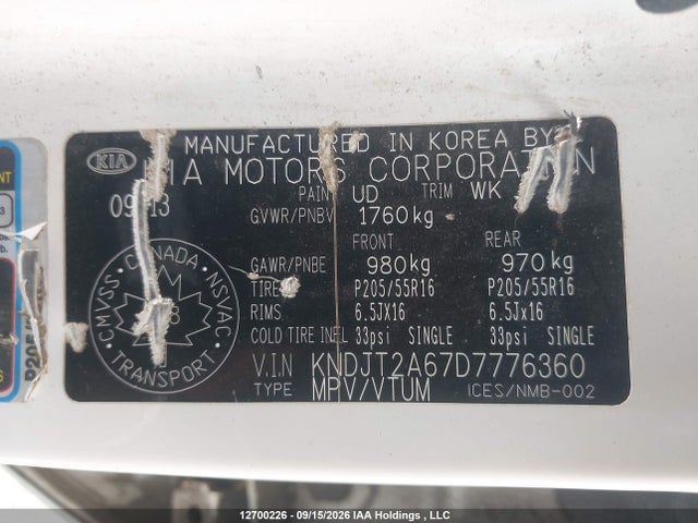 12700226 :رقم المزاد ، KNDJT2A67D7776360 vin ، 2013 Kia Soul 2.0l 2u/2.0l 4u/2.0l 4u Burner/2.0l 4u Luxury/2.0l 4u Retro مزاد بيع