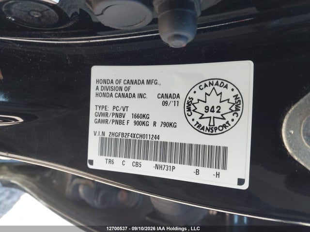 Продажа на аукционе авто 2012 Honda Civic Lx, vin: 2HGFB2F4XCH011244, номер лота: 12700537