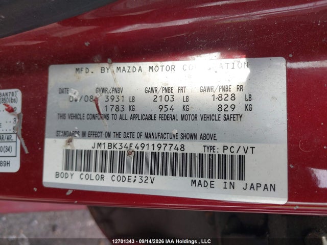 Продаж на аукціоні авто 2009 Mazda Mazda3 Gx, vin: JM1BK34F491197748, номер лоту: 12701343