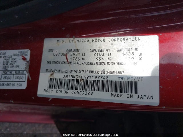 Продаж на аукціоні авто 2009 Mazda Mazda3 Gx, vin: JM1BK34F491197748, номер лоту: 12701343