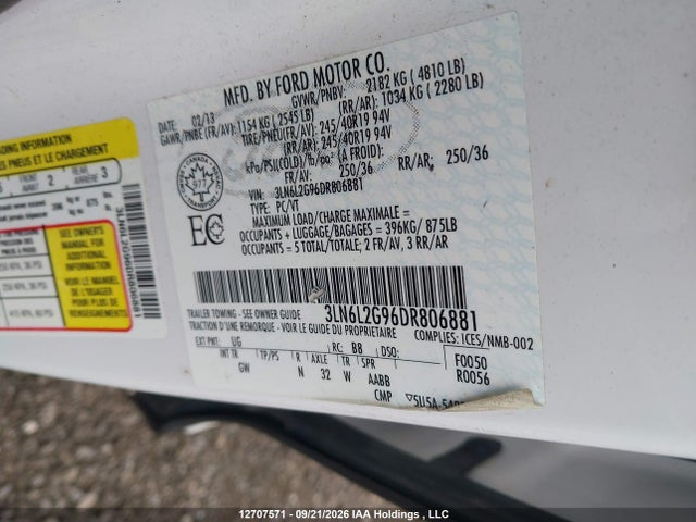 Продаж на аукціоні авто 2013 Lincoln Mkz, vin: 3LN6L2G96DR806881, номер лоту: 12707571