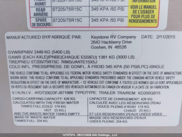 Keystone Kodiak 200qb 2015 4YDT20023FJ971986 Image 12