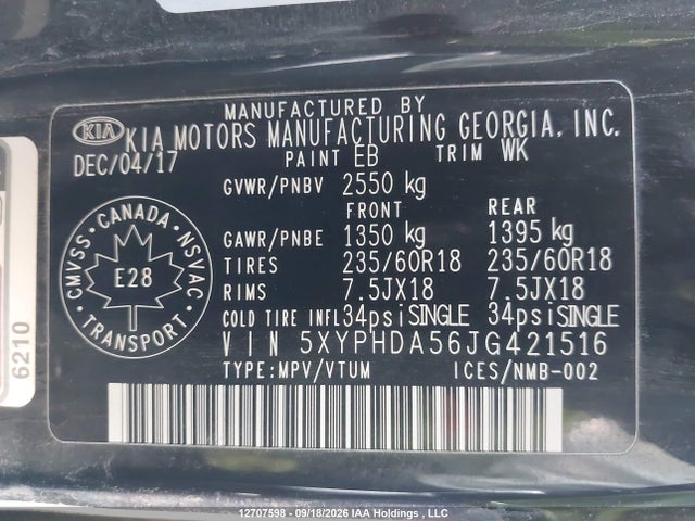Aukcja sprzedaży 2018 Kia Sorento Ex, vin: 5XYPHDA56JG421516, numer aukcji: 12707598