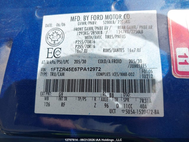 2007 Ford Ranger Fx4 Level Ii/fx4 Off-road/sport/xl/xlt მანქანა იყიდება აუქციონზე, vin: 1FTZR45E67PA12972, აუქციონის ნომერი: 12707614