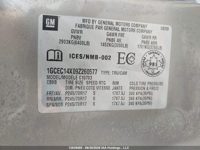 2009 Chevrolet Silverado 1500 Wt მანქანა იყიდება აუქციონზე, vin: 1GCEC14X09Z260577, აუქციონის ნომერი: 12639495