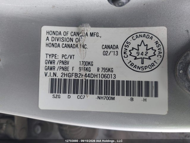 Aukcja sprzedaży 2013 Honda Civic Lx, vin: 2HGFB2F44DH106013, numer aukcji: 12703880
