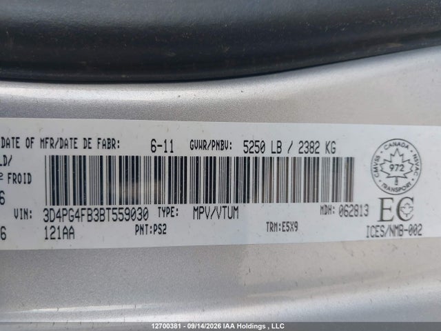 12700381 :رقم المزاد ، 3D4PG4FB3BT559030 vin ، 2011 Dodge Journey Canada Value Package مزاد بيع
