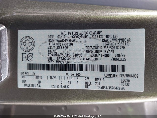 2013 Ford Escape Sel მანქანა იყიდება აუქციონზე, vin: 1FMCU9H90DUC49806, აუქციონის ნომერი: 12698708