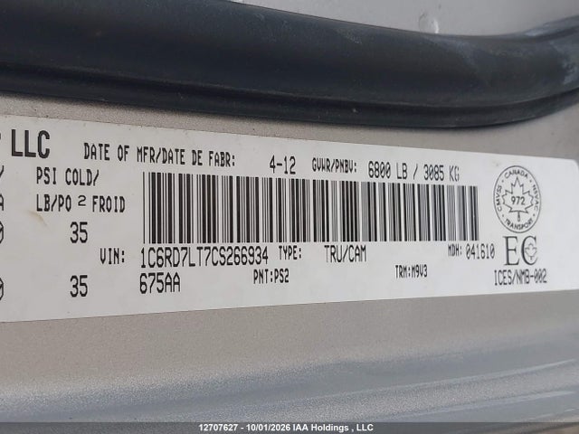 12707627 :رقم المزاد ، 1C6RD7LT7CS266934 vin ، 2012 Ram 1500 Big Horn مزاد بيع