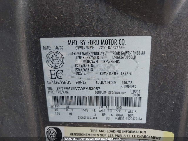 Продаж на аукціоні авто 2010 Ford F-150 Fx4/harley-davidson/lariat/xlt, vin: 1FTFW1EV7AFA53957, номер лоту: 12697659