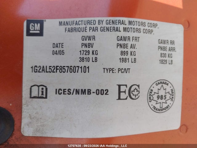 12707635 :رقم المزاد ، 1G2AL52F857607101 vin ، 2005 Pontiac Pursuit Se مزاد بيع