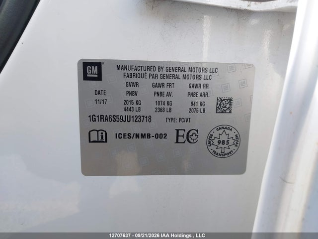 2018 Chevrolet Volt Lt მანქანა იყიდება აუქციონზე, vin: 1G1RA6S59JU123718, აუქციონის ნომერი: 12707637