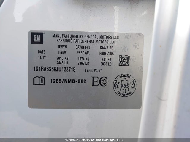 2018 Chevrolet Volt Lt მანქანა იყიდება აუქციონზე, vin: 1G1RA6S59JU123718, აუქციონის ნომერი: 12707637