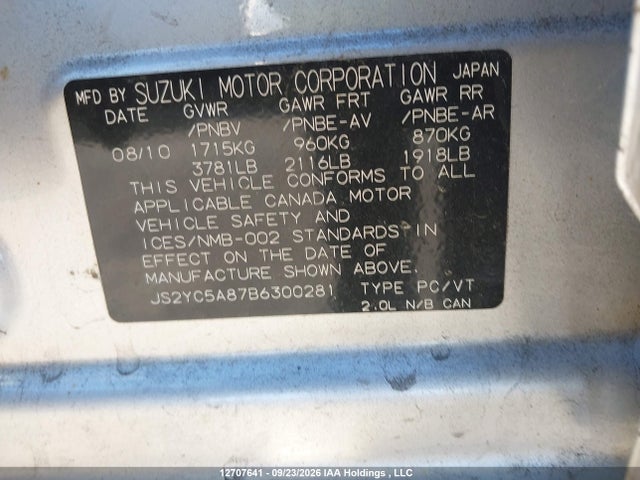 12707641 :رقم المزاد ، JS2YC5A87B6300281 vin ، 2011 Suzuki Sx4 Sport مزاد بيع