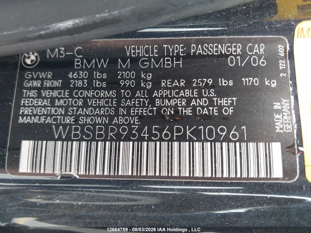 2006 Bmw M3 მანქანა იყიდება აუქციონზე, vin: WBSBR93456PK10961, აუქციონის ნომერი: 12664759