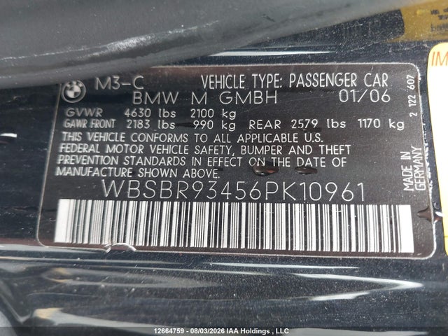 2006 Bmw M3 მანქანა იყიდება აუქციონზე, vin: WBSBR93456PK10961, აუქციონის ნომერი: 12664759
