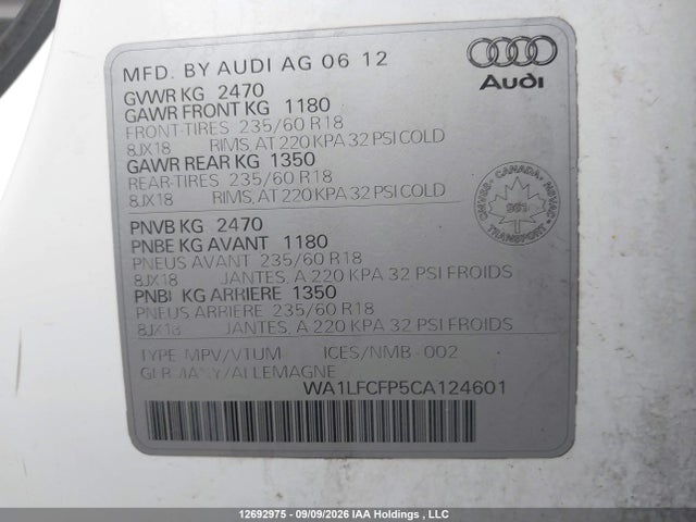 Продаж на аукціоні авто 2012 Audi Q5 2.0t Premium, vin: WA1LFCFP5CA124601, номер лоту: 12692975