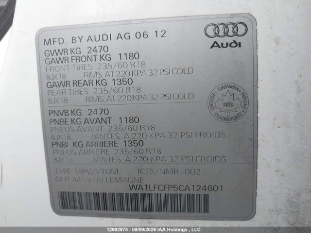 Продаж на аукціоні авто 2012 Audi Q5 2.0t Premium, vin: WA1LFCFP5CA124601, номер лоту: 12692975