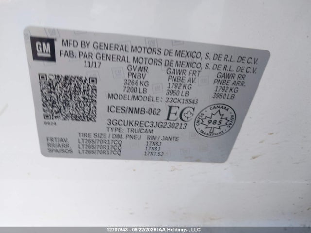 Aukcja sprzedaży 2018 Chevrolet Silverado 1500 1lt, vin: 3GCUKREC3JG230213, numer aukcji: 12707643