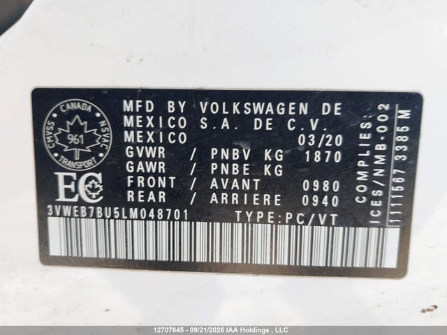 Продаж на аукціоні авто 2020 Volkswagen Jetta Highline, vin: 3VWEB7BU5LM048701, номер лоту: 12707645